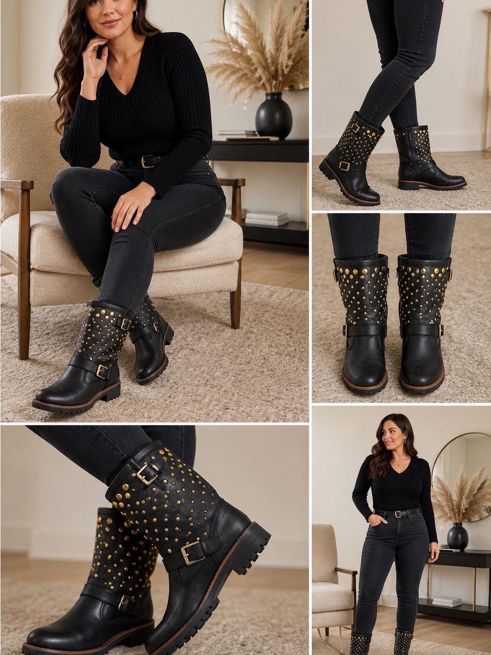 Sperry Top-Sider Britt Gold Studs Mid Calf Boots Almond Toe Pull On Leather